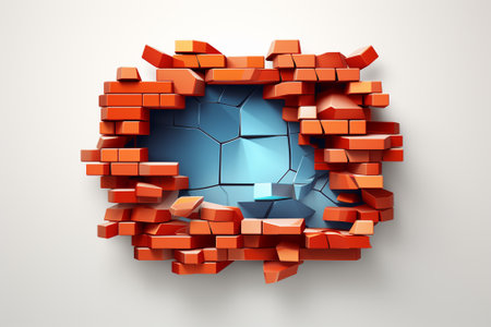 3d render of cracked hole in white wall made of orange bricksの素材