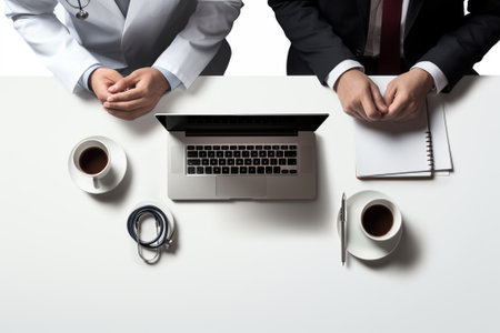 Doctor and patient sitting at the desk with laptop computer and stethoscopeの素材