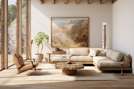 Interior of modern living room with white walls, wooden floor, comfortable beige sofa and wooden coffee table. 3d renderingの素材