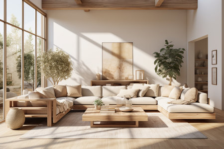 Interior of modern living room with white walls, wooden floor, comfortable beige sofas and coffee tables. 3d renderingの素材