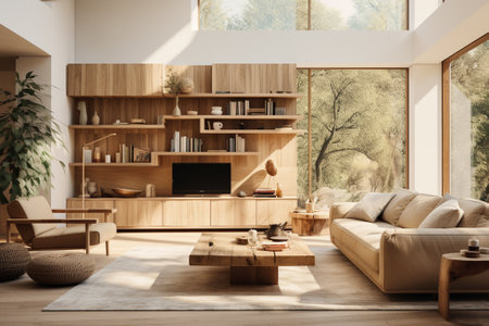 Interior of modern living room with sofa, coffee table and bookshelfの素材