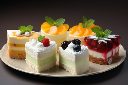 Colorful mini cakes with fruit and cream on a white plate.の素材