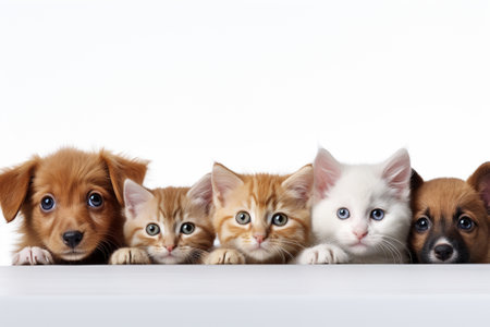 Group of kittens and chihuahua in front of white backgroundの素材