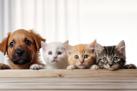 Group of kittens and a dog in a row on a white backgroundの素材