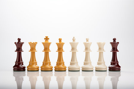 Chess pieces on a white background with reflection and space for textの素材