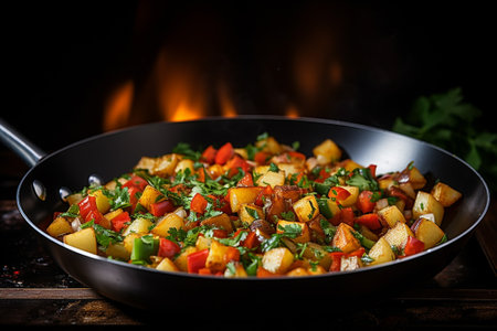 Fried vegetables in a frying pan on a wooden table against the background of a fireの素材