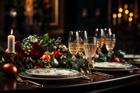 Festive table setting for Christmas or New Year dinner in a luxury restaurantの素材