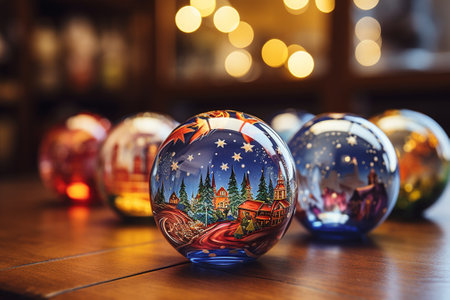 Christmas baubles on wooden table with bokeh background.の素材