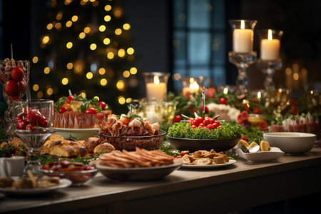 Beautifully decorated table with different food and drinks for Christmas dinner.の素材