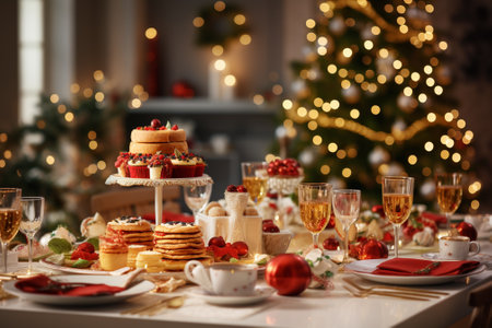 Festive table with tasty cakes and glasses of champagne on blurred backgroundの素材