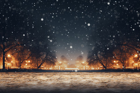 Winter city park at night with snowfall. 3d rendering.の素材