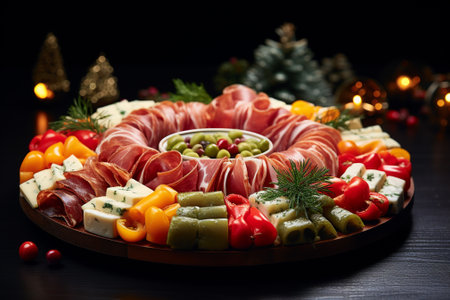 Christmas food platter with ham, cheese and olives on black wooden tableの素材