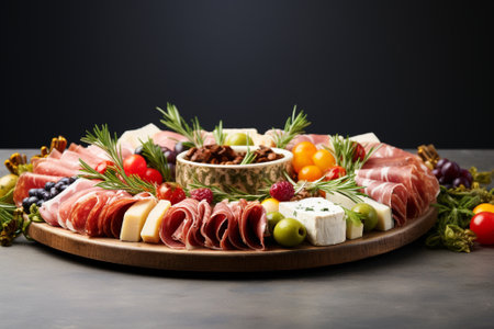Antipasto platter with ham, salami, cheese and olivesの素材