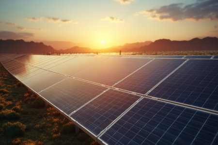 solar energy panels with beautiful sunset in the background, Alternative energy conceptの素材
