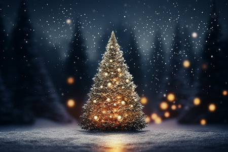 Christmas tree in snowy forest. 3D rendering. Toned imageの素材