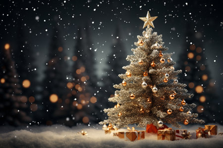 Christmas tree and gift boxes on snow with bokeh background.の素材
