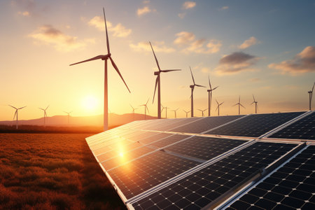 Solar panels and wind turbines at sunset. Alternative energy source. 3D renderingの素材