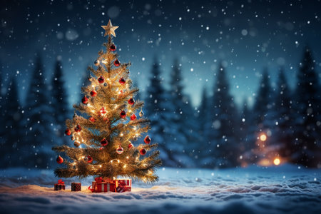 Christmas tree in snowy forest with presents. Christmas and New Year concept.の素材