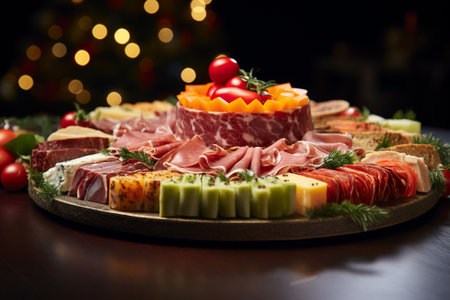 Assorted cold cuts on a wooden board with Christmas lights in the backgroundの素材