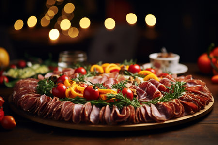 Plate with sausages, ham and vegetables on wooden tableの素材