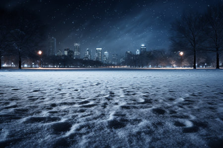 Snowy city park at night with lights and buildings in the backgroundの素材