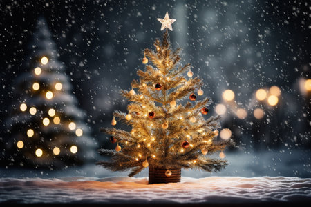 Christmas tree on snowy background. Christmas greeting card. Copy space.の素材