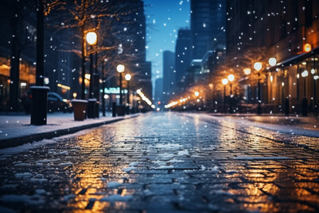 Snowfall in the city at night. Blurred image of a street in winter.の素材