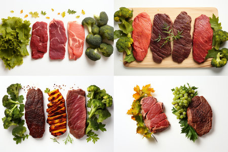Set of different types of meat and vegetables on a white background.の素材