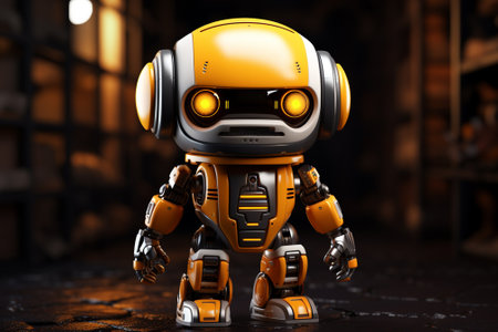 3D rendering of a robot with headphones on a dark background.の素材