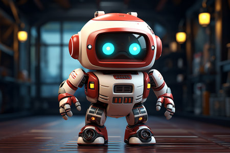 3d rendering of robot in a dark room with lights and reflectionsの素材