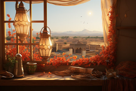 Beautiful view from the window of a cafe in Morocco, Africaの素材
