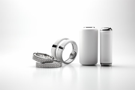 Wedding rings and a battery on a white background. 3d renderingの素材