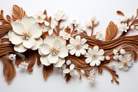 Wooden flowers on white background. Floral background. Flat lay, top view.の素材