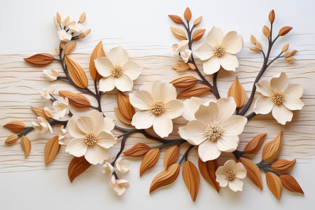 Flowers composition. White flowers on wooden background. Flat lay, top viewの素材
