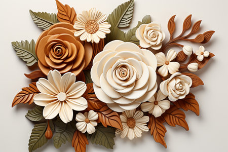 3d rendering, beige and brown paper flowers on white backgroundの素材