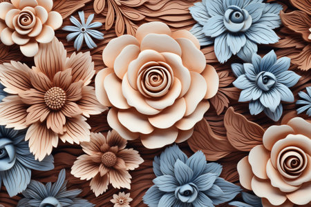 3d illustration of paper flowers made of cardboard on wooden background.の素材