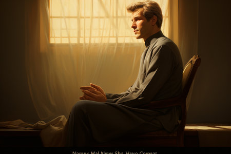 Young man sitting in a chair by the window in the evening.の素材