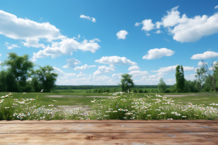 Wooden table with daisies field and blue sky background.の素材
