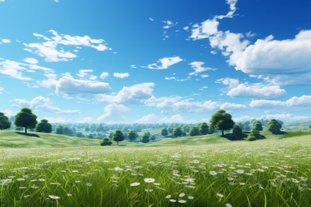 Beautiful summer landscape with green meadow and blue sky with cloudsの素材
