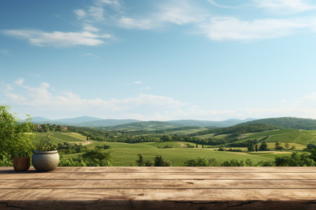 Wooden table against view of the Tuscany hills, Italyの素材