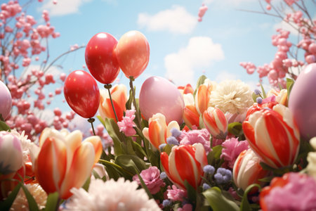Bouquet of tulips and colorful balloons on blue sky backgroundの素材