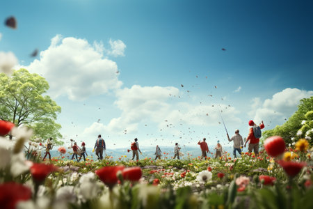 Group of asian people walking in flower garden with beautiful nature backgroundの素材