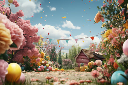 Easter eggs and flowers in the garden. 3d rendering.の素材