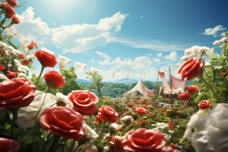 Beautiful summer landscape with red and white flowers in meadow.の素材