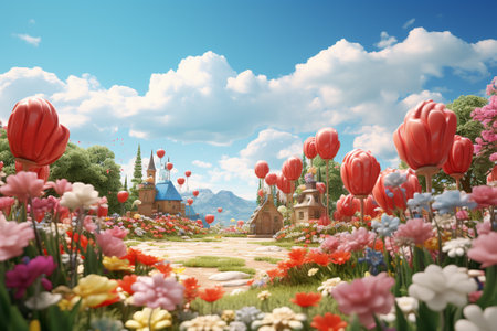3d render of beautiful spring garden with red tulips and blue skyの素材