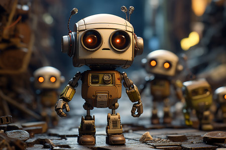 Constructor Lego Star Wars. Replica of the old robot on the background of the city.の素材