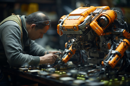 Engineer working on a robot in a workshop. Industrial robot.の素材