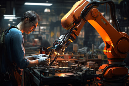 Engineer working on robot arm in factory. Smart industry 4.0 conceptの素材
