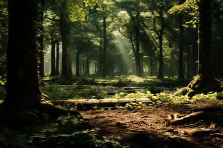 Sunlight through the trees in a forest in the morning. Beauty in nature.の素材
