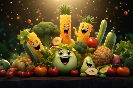 Funny fruits and vegetables with funny faces. Healthy food concept.の素材